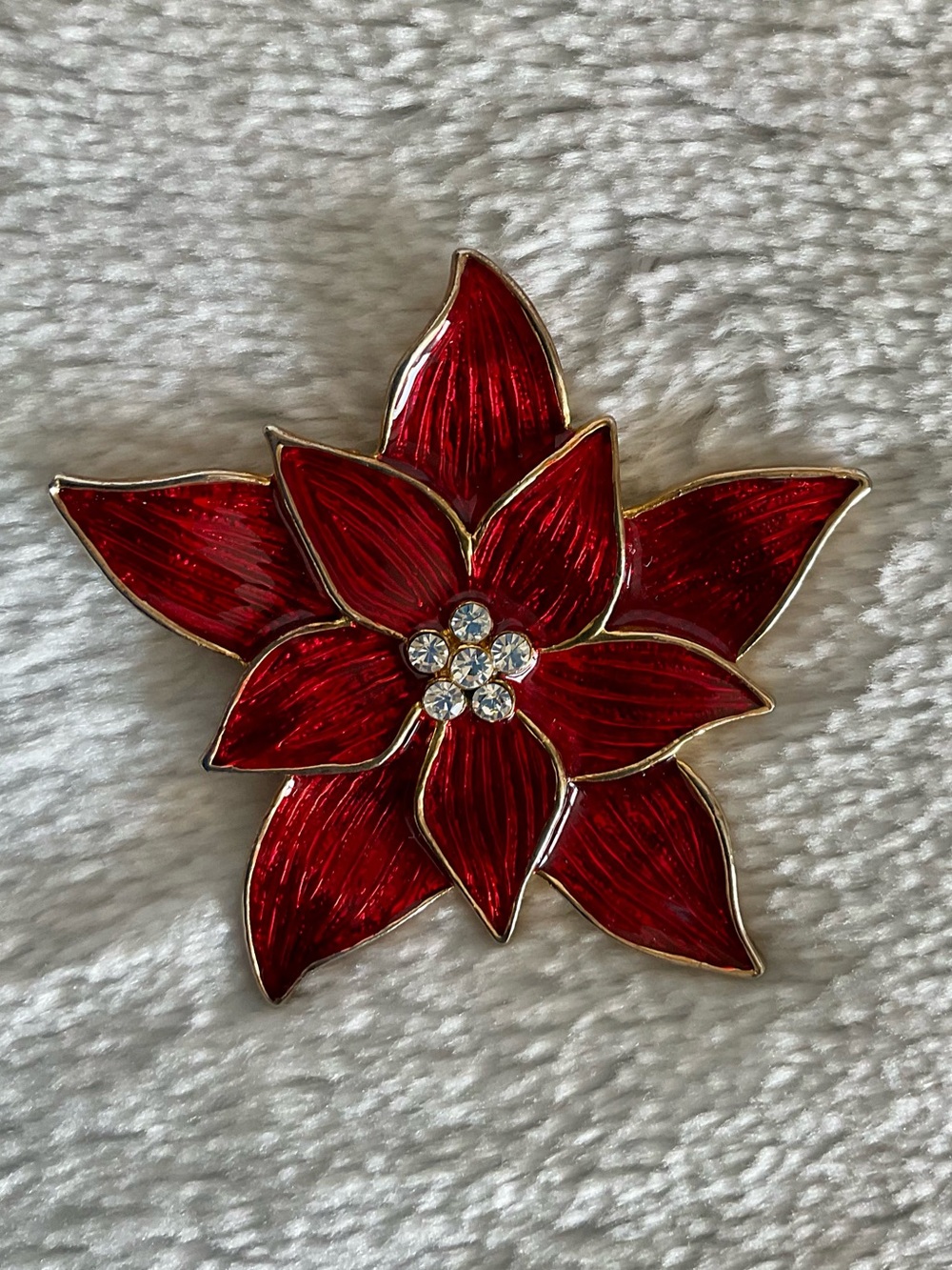 Vintage EISENBERG ICE Red Poinsettia Brooch – Rhinestone Center, Signed